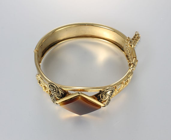 Victorian Revival Hinged Bangle Bracelet Tiger Eye Lucite Gold