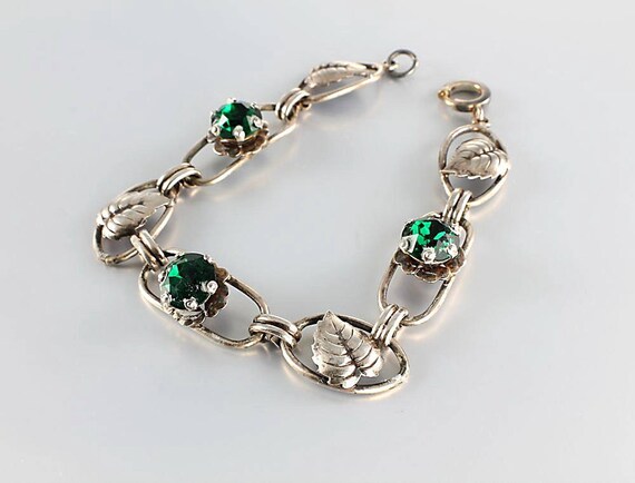 Emerald Green rhinestone Sterling Leaf Bracelet 1… - image 3