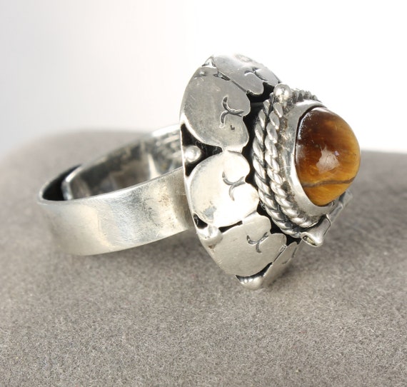 Taxco Mexico Sterling silver Tiger Eye Poison Rin… - image 1