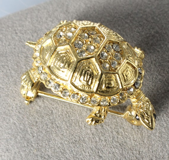 Rhinestone gold tone Turtle tortoise Brooch pin 1… - image 3