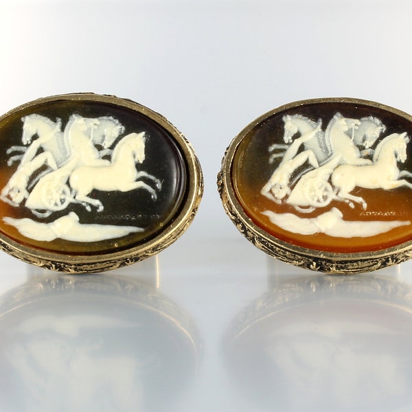 Incolay Stone Cuff links Phaethon Quadriga Four Horses Chariot Equine Cameo