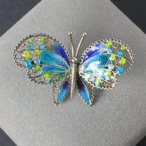 Spun silver 800 Blue Green Enamel Butterfly Brooch, plique a jour