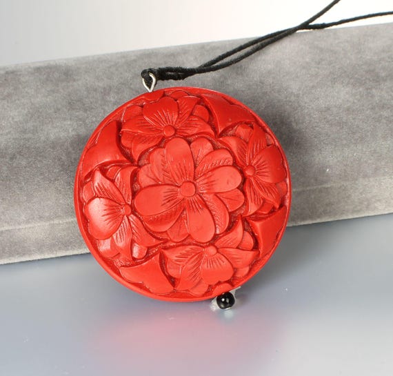 Carved Red Cinnabar Flat Bead Pendant