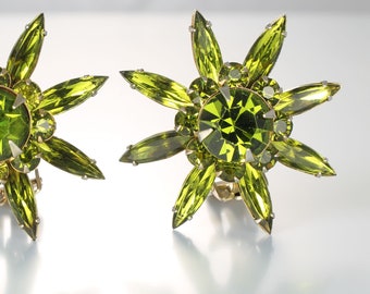 Peridot green Navette Rhinestone Flower Earrings, signed Judy Lee, 1960s jewelry