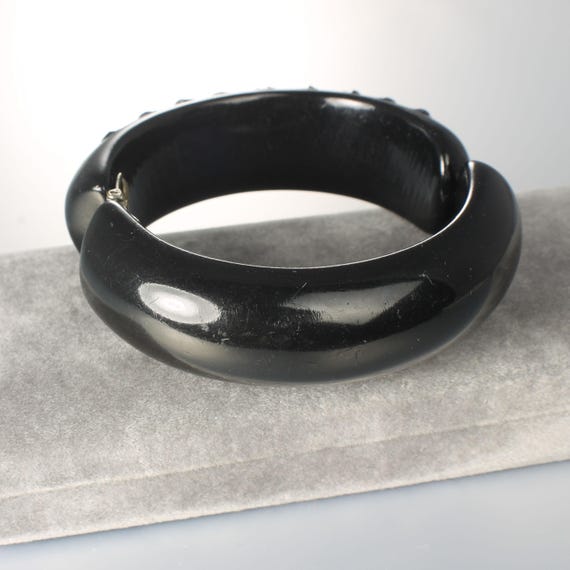 Black Rhinestone Lucite Clamper Hinged Bangle Bracelet 1960s Mid
