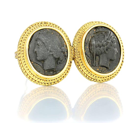 Antique 14K Carved Lava Double Cameo Brooch, Arthemis and Athena