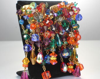Dramatic 1980s Multi color Crystal Cha Cha Fringe Earrings, 3.5 inches long