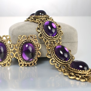 Victorian revival Amethyst Purple cabochon Bracelet Earrings set 1960s demi parure