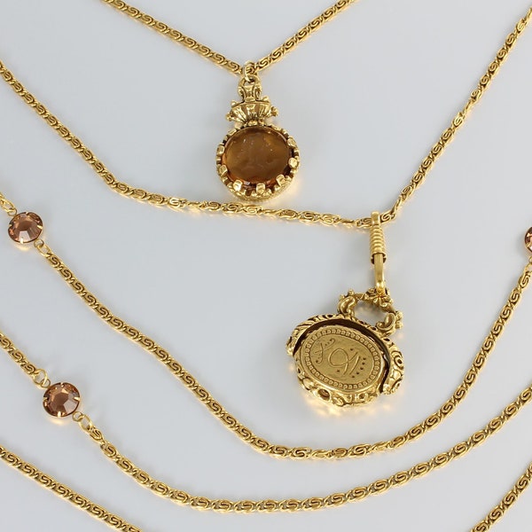 Long Victorian revival Goldette Cameo Necklace Intaglio glass Fob Pendant five strand 1960s jewelry