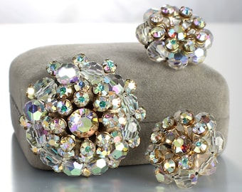 AB rhinestone crystal Brooch Earrings set Aurora Borealis 1960s demi parure