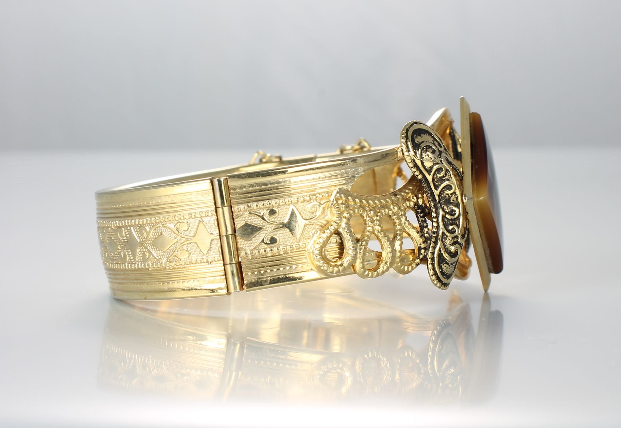 Victorian Revival Hinged Bangle Bracelet Tiger Eye Lucite Gold