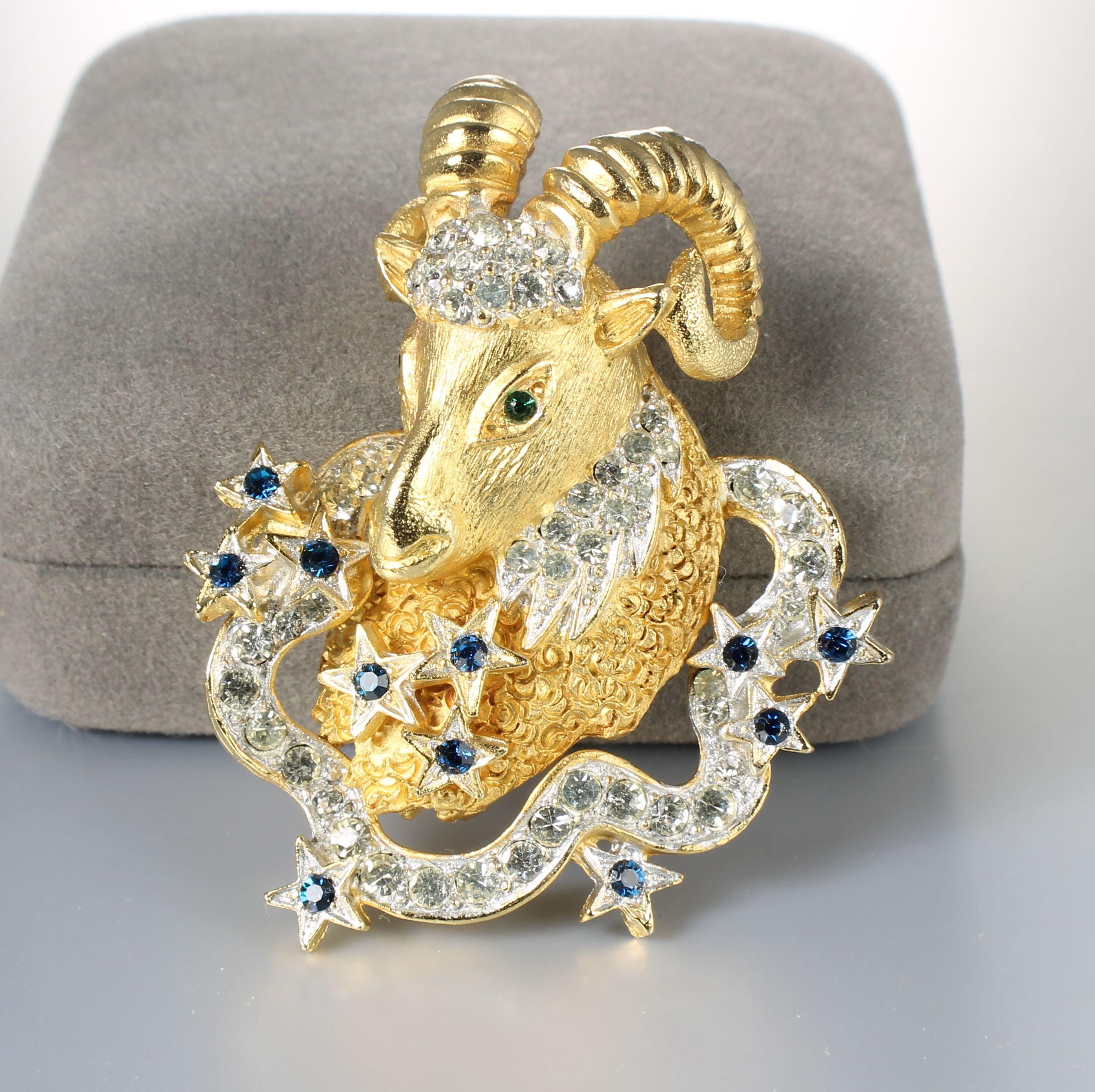 Capri Rhinestone Capricorn Brooch, Blue Clear Chatons, Matte Gold