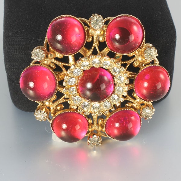 Vintage Moghul Pink glass Cabochons Clear Rhinestone Brooch Pendant, 1960s jewelry