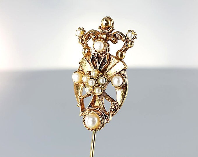Vintage Florenza Pearl Stick Hat Pin Heraldic Crown Victorian Etsy
