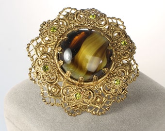 West Germany Olive Green Porphyry Glass Brooch peridot rhinestones, filigree, 1960s jewelry