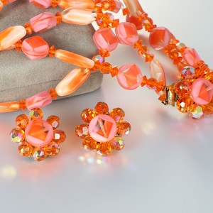 Orange Givre Glass Crystal Necklace Earrings Set tangerine 1960s demi parure