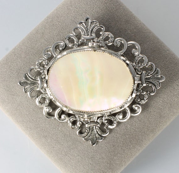 Victorian Revival Mother of Pearl Brooch, Silver Tone 