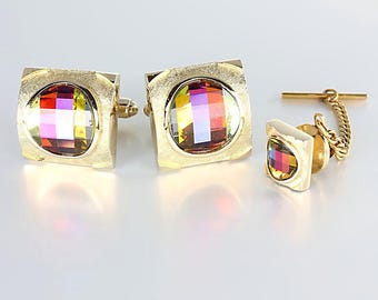 Rainbow Crystal Cuff links Tie Tac set signed Dante 1980s mens jewelry