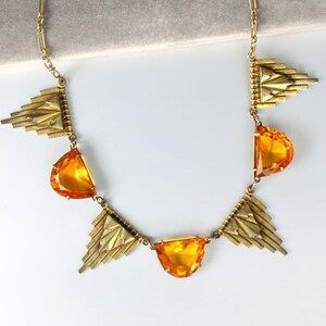Art Deco Orange Glass Brass Necklace, 1920s antique jewelry, 14.5 inches long