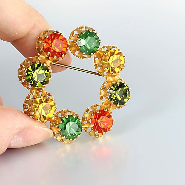 Signed Austria Wreath rhinestone Brooch orange green yellow 1960s jewelry