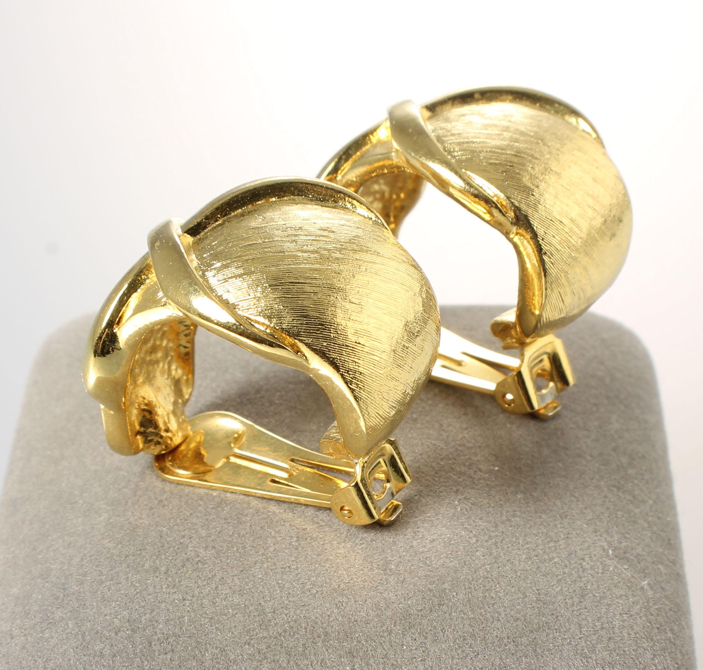 Bold 1980s Criss Cross Half Hoop Earrings, Clip On, Brushed Gold