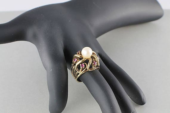 Vintage 10K gold Ruby Pearl Cocktail Ring, size 4… - image 4