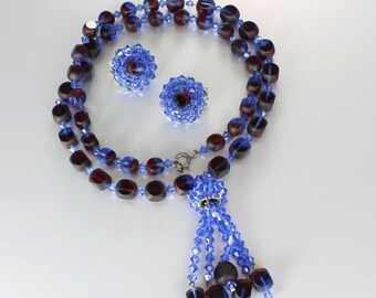Hobe Blue Red givre crystal Necklace Earrings set, demi parure, 1960s jewelry