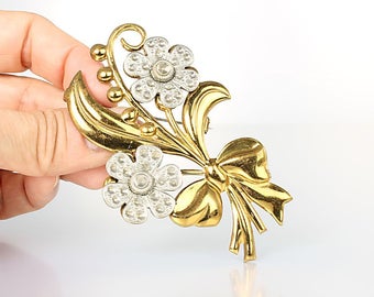 Embossed Flower Art Deco Brooch  3.25 inch Brass Leaf Mixed metals Silver Gold 1930s antique jewelry