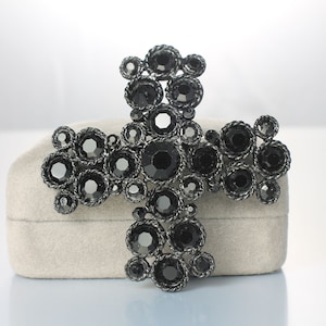 Black Rhinestone Maltese Cross Brooch, japanned, 1960s jewelry