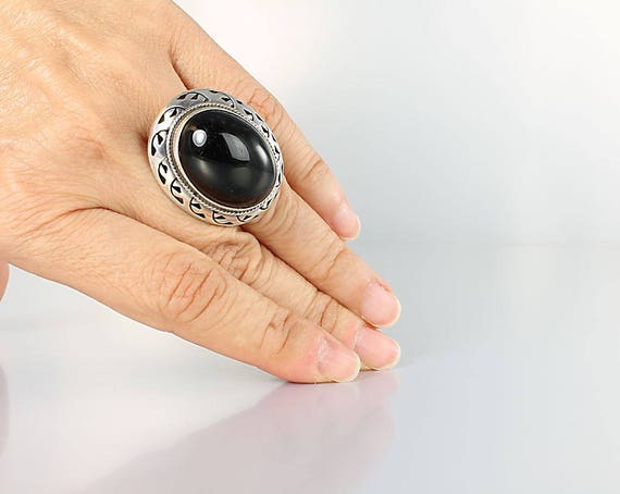 Huge Mexico Black Onyx Sterling silver Ring size … - image 1