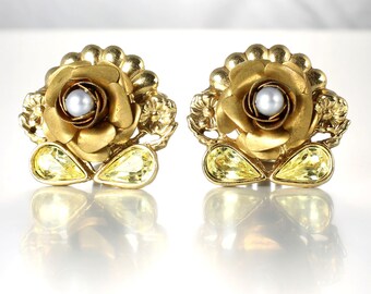 1928 Yellow Rhinestone Pearl Flower Earrings gold tone vintage jewelry