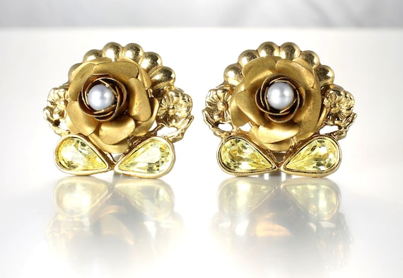 1928 Yellow Rhinestone Pearl Flower Earrings gold… - image 1