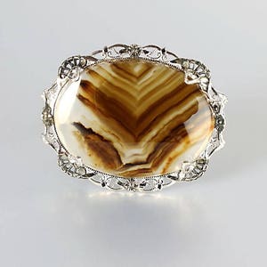 Banded Agate Edwardian Sterling silver Brooch,  Filigree, Art Deco 1920s jewelry