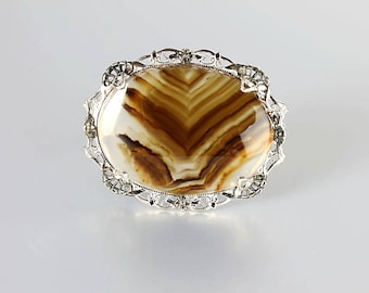 Banded Agate Edwardian Sterling silver Brooch,  Filigree, Art Deco 1920s jewelry