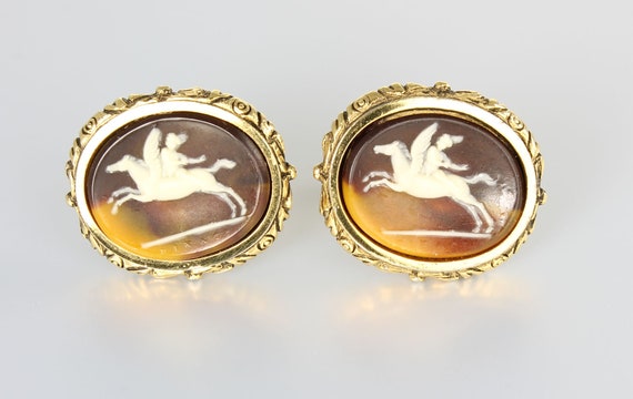 Paire De Boutons De Manchettes Anciens - Plaqué Or Avec Onyx Et Décor Cheval