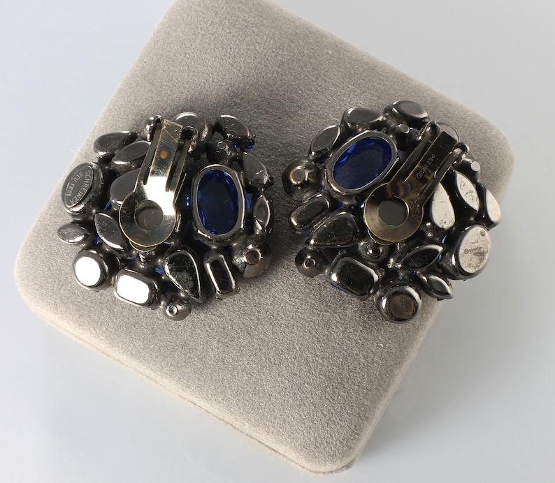 SCHREINER Blue Pink Rhinestone Earrings, inverted stones, 1960s jewelry image 3