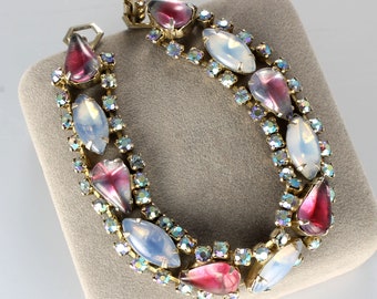 Pink Givre Blue Moonstone Glass Bracelet aurora borealis rhinestone 1960s jewelry