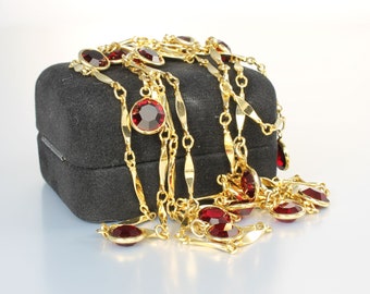 Extra Long Ruby Red Swarovski crystal Flapper Necklace, bezel set, 1980s opera length, 27 inches