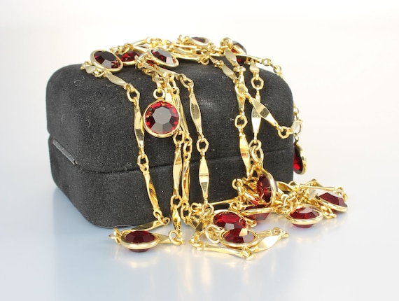 Ruby Red crystal Flapper Necklace, bezel set, 198… - image 1