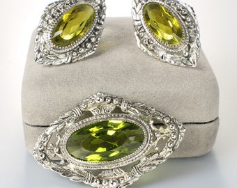 Whiting and Davis Peridot Green Glass Brooch Earrings set, Victorian revival, silver tone, 1960s parure