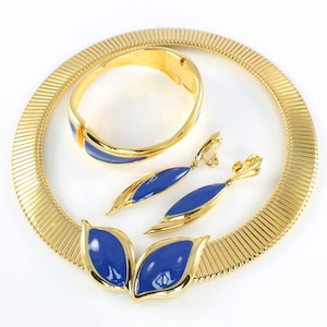 Monet Blue Enamel Tubogas Cleopatra Necklace Bangle Earrings set 1980s jewelry