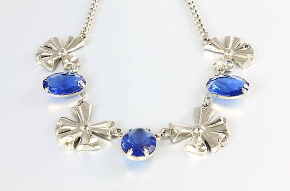 Coro Blue glass Necklace silver tone ribbon bow 1… - image 1