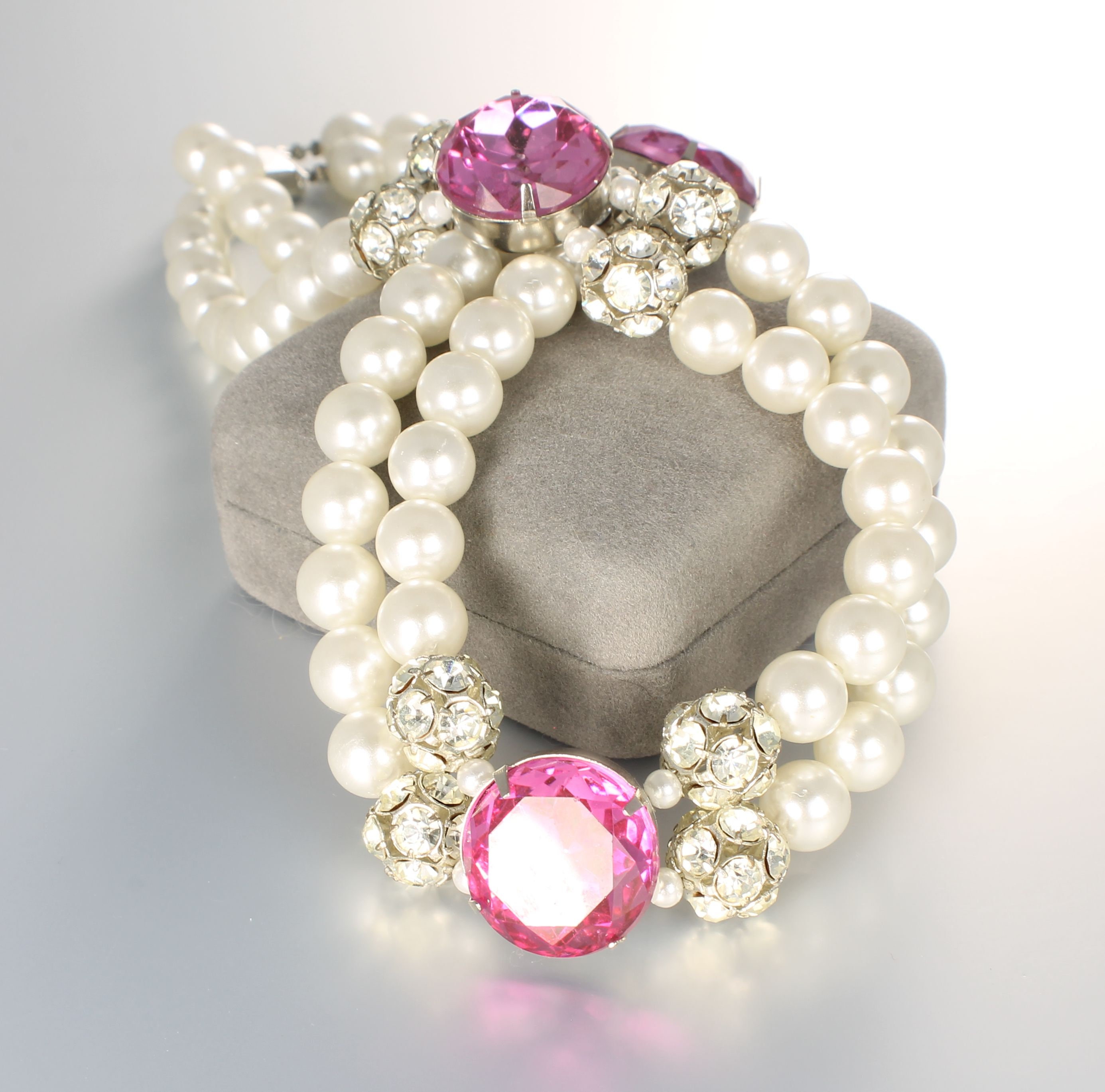 Big Rhinestone Bead Pink Glass Faux Pearl Necklace Two