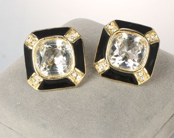 Black enamel Clear Rhinestone Earrings square gold tone 1980s jewelry
