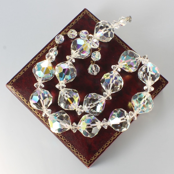 Chunky Crystal Bead Necklace choker, aurora borealis 1960s jewelry