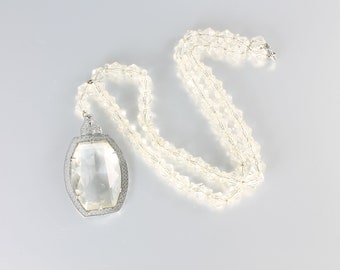 Art Deco Crystal Lavalier rhodium filigree Necklace, 1920s jewelry