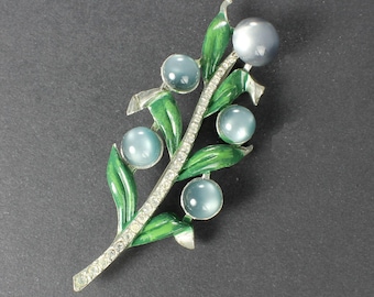 1940s Pot Metal Blue Moonglow glass Flower Brooch, clear rhinestones