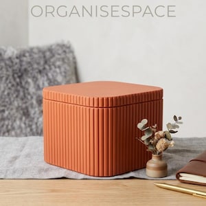 Könnte beinhalten: Terrakottafarbene Aufbewahrungsbox mit geriffelter Außenseite und flachem Deckel. Die Box steht auf einer Holzoberfläche mit einer kleinen Vase mit Trockenblumen, einem Stift und einem Notizbuch. Der Text "ORGANISESPACE" befindet sich über der Box.