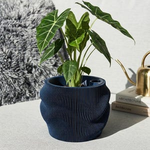 Peut inclure: Un pot de fleurs bleu foncé imprimé en 3D avec une texture nervurée, ondulée et verticale. Le pot contient une plante Alocasia verte aux feuilles en forme de cœur avec des nervures blanches. Le pot possède une ouverture circulaire sur le bord.