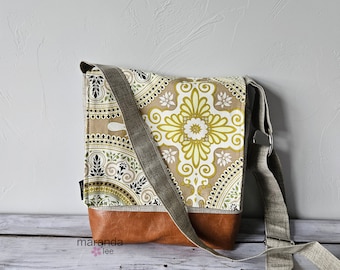 Nori Flap Messenger Gold Medallion with Faux Leather - READY to SHIP iPad Bag with Adjustable Cross Body Strap